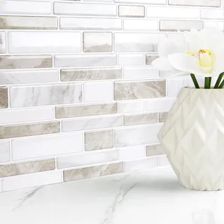 Livelynine Fliesenaufkleber Bad Wasserfest Beige Weiß 3D Klebefliesen Küche 3D Landhaus 30x30CM 32 Stück Klebe Fliesen Bad Rückwand Steinoptik Hellbraun Fliesen zum Kleben Badezimmer Küchenrückwand