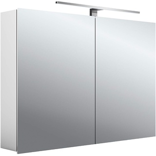 Emco Lichtspiegelschrank MEE mit Aufsatz-Beleuchtung (100 cm breit), hochwertiger Badezimmerspiegelschrank mit Steckdose, Badezimmerschrank mit 2 Türen, neutralweiß