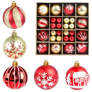 JOFONY Weihnachtsbaumkugeln,44 Stück Weihnachtskugeln Set,6cm und 3cm Christbaumkugeln Weihnachtsbaumschmuck Weihnachtskugeln Rot und Gold baumkugeln für Indoor Outdoor Weihnachtsbaum Deko