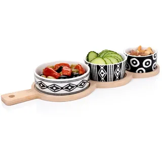 Murago - Tapas Snackplatte 4-tlg Set - Bambusteller mit Griff Keramik Snack Schalen Teller Platte Brett länglich Snackteller Serviertablett Schälchen Gastro Servierschale Dips Vorspeisen Oliven Nüsse