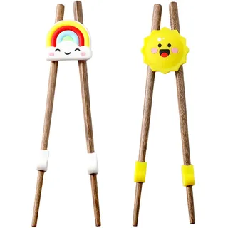 2 Paare Essstäbchen, Stäbchen Hilfe für Anfänger, Holz Stäbchen zum Essen Niedliche, Übungsstäbchen, Einfach zu Bedienen, Sushi Stäbchen Set für Asiatische Küche, Gelbe Sonne und Regenbogen
