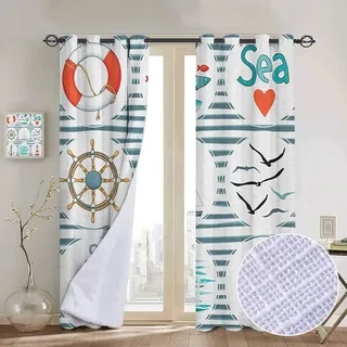 NUOMANAN Verdunkelungsvorhänge, nautisch, Segelschiff mit Sonne und Wolken im Nebel, Wasser mit Wellen, Funky Kunstwerk, Blau/Orange/Weiß, Thermo-Isolierpaneele für Schlafzimmer 52" W x 96" L Color08