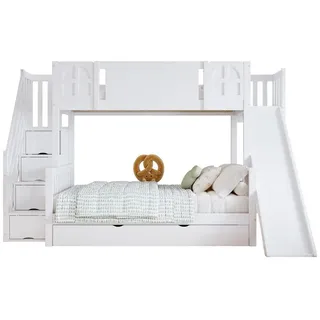 SOFTWEARY Etagenbett mit 2 Liegeflächen und Rutsche (90x200 cm/120x200 cm), Kinderbett mit Lattenrost und Rausfallschutz, Kiefer weiß