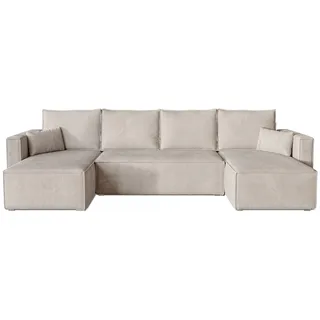 BROMARKT Ecksofa mit Schlaffunktion Creme Sofa mit Bettkasten U Form | Wohnlandschaft Eckcouch Freistehend Couch Polstercouch Schlafsofa Schlafcouch Stauraum 305 cm Breite 5 Sitzer Stoff Cord OP U