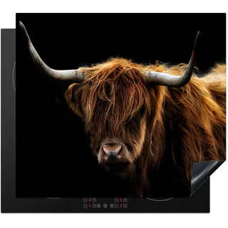 KitchenYeah© Herdabdeckplatte Einteilig Herdabdeckung Abdeckplatte für Ceranfeld Abdeckung Induktionskochfeld Aufrollbare Matte Schottisches Hochlandrind - Schwarz - Tiere - Fell - Kuh - 60x52 cm