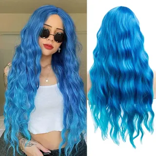 Beweig Frauen lange lockiges Haar wellige blaue Perücke Cosplay Kostüm Halloween Perücke Synthetische mittlere Split Ersatz Perücke mit Perücke Mütze