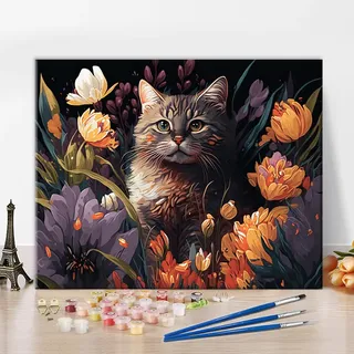 Tiere Malen nach Zahlen Erwachsene Katze und Blumen, DIY Öl-Handmalerei
