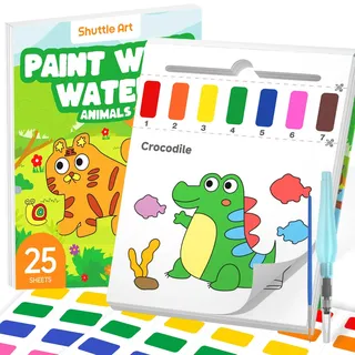 Shuttle Art Malbuch mit Wasserfarben für Kleinkinder, Wassermalbuch für Kinder mit 25 Seiten Tiere Vorlagen, 2 Pinseln und Wassermalfarben, Wasserfarben nach Zahlen Kinder Malbuch ab 3-8