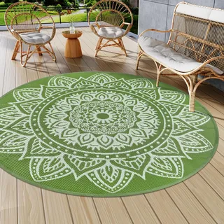 Famibay Outdoor Teppich Wetterfest Rund 240cm Groß Outdoorteppich Kunststoff UV-Beständig Faltbar Leichtgewicht Grün Teppich Outdoor für Terrasse Balkon Camping