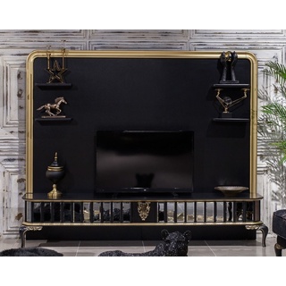 Casa Padrino Luxus Barock TV Schrank Schwarz / Gold - Prunkvolles Wohnzimmer Sideboard mit Rückwand - Barock Wohnzimmer Möbel