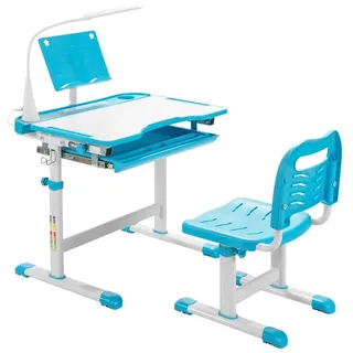 Costway Kinderschreibtisch mit Stuhl und Lampe höhenverstellbar blau