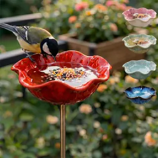 Vogeltränke Blume & Bienentränke Keramik Gartenstecker – Insektentränke Garten für Wasser & Vogelfutter, Dekorative Keramikblüten für Bienen & Vögel (1, Rot)