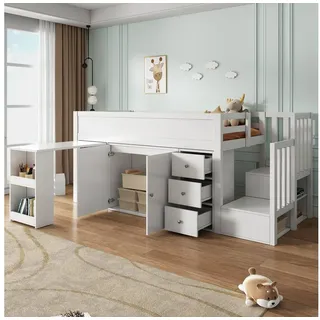 Flieks Hochbett Kinderbett 90x200cm mit ausziehbarem Schreibtisch Schrank Schubladen weiß