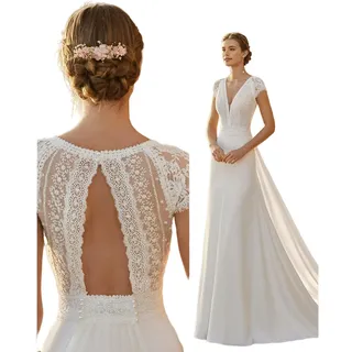 JACTZ Brautkleid Elfenbein Damen Elegante Spitze Satin Modernes Hochzeitskleid Meerjungfrau Mit Abnehmbarer Zug Gegen Nackenkappe Hülle Brautkleid Plus Größe Robe-White,14