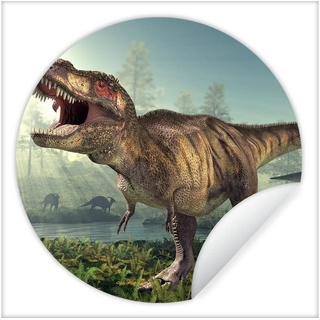 MuchoWow Wandsticker Dino - Gras - Zeichnung - Kinder - Jungen (1 St), Tapetensticker, Wandbild rund, Kinderzimmer, Wohnzimmer, Einteilig bunt