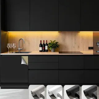 Klebefolie Möbel Schwarz Matt Tapete 40 x 550 cm, Selbstklebende Folie Möbel Matt, Küchenfolie Schrankfolien, Wasserdicht Klebefolie Küche, PVC Dekofolie für Schränke, Fensterbank