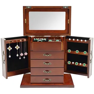 Schmuckkästchen Schmuckaufbewahrung Groß Holz Schmuckschatulle mit 4 Ebenen Schmuckkasten Schmuckbox Schmuck Organizer, Schubladen für Ringe, Ohrringe