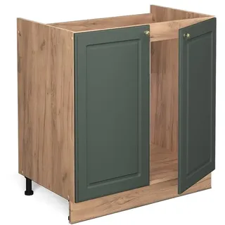 Vicco Spülenunterschrank Fame-Line, Grün-Gold Landhaus, 80 cm | MDF-Front · Arbeitsplatte Marmor · Höhenverst. Füße · Metallgriffe · Soft-Close