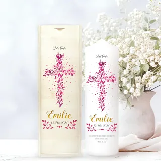 Wandtattoo Loft Taufkerze Mädchen mit Taufspruch, Motiv mit Kreuz aus pinken Blättern, 25cm x 7cm, personalisierte Kerze, bedruckte Kerze zur Taufe, Geburtskerze, Stumpenkerze, Taufgeschenk