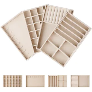 EXLECO 4er Groß Schmucktablett Samt Schmuckaufbewahrung Aufnehmbar Schmuck Organizer Schublade Schmuckkästchen ersetzt Tablett für Damen Mädchen Ringe Ohrring Brosche Kette Anhänger Beige 24*15cm