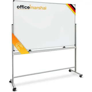 OfficeMarshal Whiteboard mit Ständer 90 x 120cm mobiles Whiteboard auf Rollen doppelseitige Stativdrehtafel magnetisch, beschreibbar, rollbar, leicht abwischbar mit Stifteablage, Aluminiumrahmen