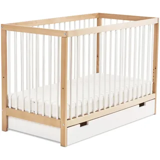 Ehrenkind® Babybett PUR inkl. Schublade 120x60 Buchenholz | Natur-Weiß | Kinderbett 9-Fach höhenverstellbar mit entnehmbaren Stangen | Baby Bett