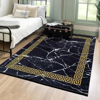 Mazovia Modern Teppich - Kurzflor Waschbar - Weich Teppich für Wohnzimmer, Schlafzimmer, Esszimmer – Teppiche Marmor Abstrakt Muster - Schwarz Gold 200 x 300 cm