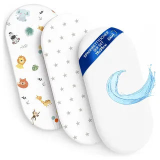 Spannbetttücher Kinderwagen 3er Set mit Gummizug Matratzenschoner | wasserdichter Schoner 35x75 cm 2x Spannbettlaken für Beistellbett Stubenwagen Babybett Kinderbett Baby Zubehör Safari Weiß