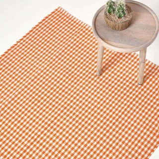 Homescapes Karierter Teppich/Bettvorleger Gingham 60 x 90 cm, waschbarer Baumwollteppich mit Karo-Muster im Landhausstil, 100% Baumwolle, orange