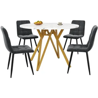 MODFU Essgruppe 5 teilig Esstisch rund mit 4 Stühlen 100x100x76 cm Grau+Gold MDF Tischplatte Marmoroptik, Leinenbezug, verstellbare Füße