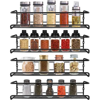Gewürzregal Wand, Gewürzregal Hängend aus Metall Gewürzhalter Ohne Bohren Kühlschrank Organizer Küchenregal 4er-Pack Schwarz
