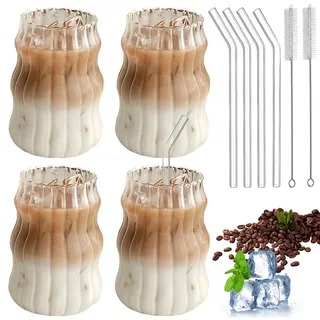 WANDGU Gläser mit Strohhalmen und Reinigungsbürsten 4er Set Kaffeegläser, 500ml Riffle Gläser Dessertgläser Teeglas Ripple Kaffeebecher Saftgläser für Whiskey, Bier, Cocktail, Eiskaffee und Eistee