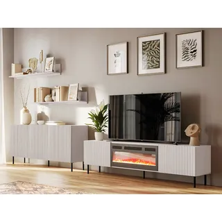 MIRJAN24 Wohnzimmer-Set Aruba I, (3er-Set, Kommode, Wandregal, TV-Lowboard mit Kamin), Metallfüße in der Farbe Schwarz beige