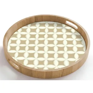 OnlyWow Tablett Rund mit Henkel Symmetrisch - Motiv - Beige, Eichenholz, (1-tlg), Servierbrett Groß, Tischdeko, Platte, Tisch Deko beige 50 cm x 50 cm x 5 cm