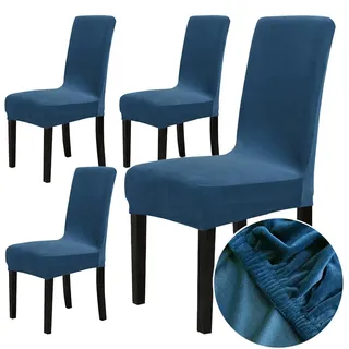 Chickwin Stuhlhussen 4er Set, Samt Dehnbarer Stuhlbezug, Waschbarer Hohen Zurück Stuhlhussen Slipcover Für Esszimmer, Hotel, Küche, Bankett, Partys,Abnehmbaren Stuhl Schutz -Königsblau