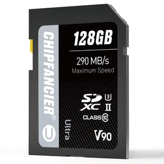CHIPFANCIER SD V90 Karte SDXC UHS-II V90 Speicherkarte R290MB/s W290MB/s C10 U3 V90 Full-HD & 8K Video schwarz 128GB