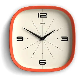 JONES CLOCKS® Pulsar Wanduhr | Retro gerundete quadratische Uhr | 25cm | Orange | Cooler Designer-Look für Küche, Wohnzimmer oder Büro