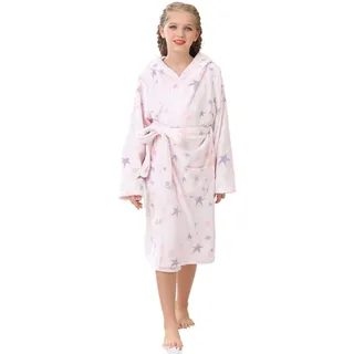 V.&GRIN Mädchen-Fleece-Bademantel, weicher Fuzzy-Bademantel mit Kapuze für Kleinkinder von 3–14 Jahren (Rosa/Sterne 7–8) - 7-8 Jahre