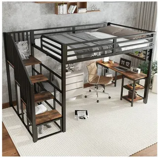MODFU Kinderbett mit Schreibtisch und Regal zur Aufbewahrung, Robuste Lattenroste (Hochbett mit Treppen und Handläufen, Metallbett 120x200cm), ohne Matratze schwarz