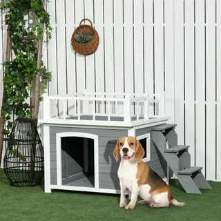 PawHut Hundehütte mit Balkon Treppe Fenster 121 x 77 x 78 cm Holz Hellgrau