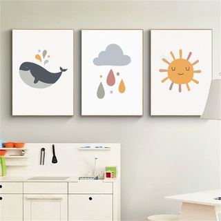 GLITZFAS 3er Set Poster Kinderzimmer Deko Kinder Bilder Set Junge Mädchen Babyzimmer Kinderbilder - Sonne, Regenbogen, Regentropfen (B,A4 21x30cm)