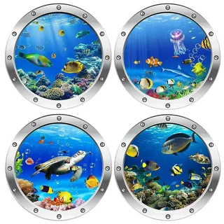 Wandtattoo 3D Unterwasserwelt – Wandsticker für Kinderzimmer – Wandsticker für Badezimmer – Sticker mit Meerestieren – 4 Stück – PVC-M...