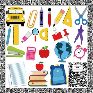 Pinnwand-Dekorationsset für Schulanfang, Klassenzimmer, bunte Schulbus-Ausschnitte, schwarz-weiße Pinnwand, Umrandung, Notizbuch, Klassenzimmer, Dekoration für den ersten Schultag, Lehrer, 54-teilig