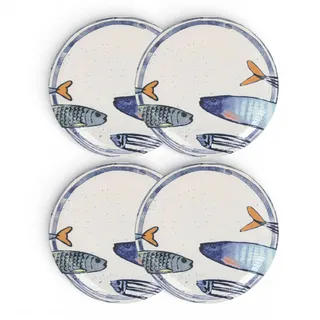 Teller im mediterranen Design mit Sardinen-Motiv 2.0 | Maritime Speiseteller, Suppenteller, Dessertteller, Servierplatten, Bowls - robust, Steinzeug, glattes Finish (4er Set Speiseteller (26 cm))