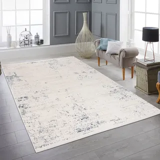 Teppich-Traum Designer Teppich Blau Weiß Glanzeffekt Fransen 140x200 cm | Pflegeleicht, strapazierfähig, allergikerfreundlich, mit kurzen Fransen, für Fußbodenheizung, Wohn- & Schlafzimmer
