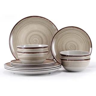 Melamin-Geschirr-Sets, Browm-Geschirr-Sets für 4, 12-teiliges Teller und Schalen-Set, Melamin-Teller, hartes Geschirr-Set, Herbst- und Winter-Speisen, spülmaschinenfest, BPA-frei (Brauen)