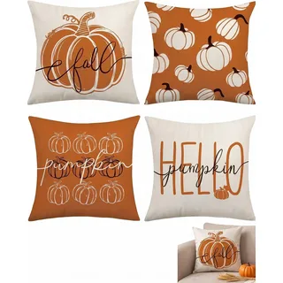 BTACGWP Herbst-Kissenbezug 4er Set 45x45 cm, Kürbis-Herbst-Motiv mit Hüllverschluss & rutschfestem Futter | Fixiert die Position & sorgt für sofortige Gemütlichkeit auf Sofa & Sessel