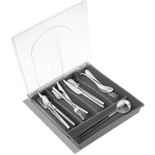 BAODBF Besteck-Aufbewahrungsbox, Besteckkasten mit Deckel, 33 x 28,5 x 5 cm, Kunststoff-Besteckschublade, erweiterbarer Utensilieneinsatz für Küche, Besteckkästen für Löffel, Gabel (grau)
