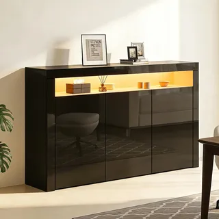 Sideboard Hochglanz 3 Türen Sideboard Schrank Aufbewahrungsschrank mit LED-Leuchten Moderne Wohnzimmer Schlafzimmer Möbel (Schwarz-1)