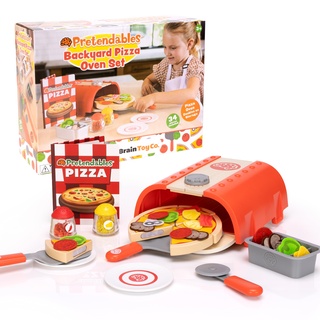 Fat Brain Toys Pretendables Pizza-Ofen-Set - Spielküche mit Ofen, Schale, Pizzaschnitten, Belag und anderem Kinder-Küchen- Lebensmittel-Lernspielzeug - Kinderspielzeug für 3-Jährige
